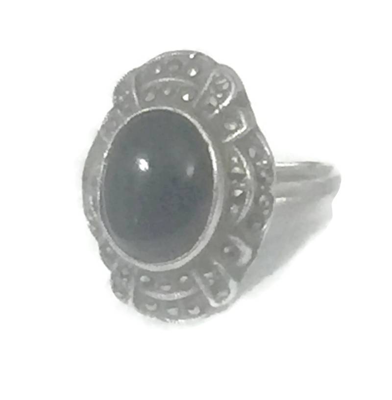 Art Deco Ring Gr. 5 Plus Onyx Trauerring Pink Sterling Silber Markasit Frauen von Silvercity925