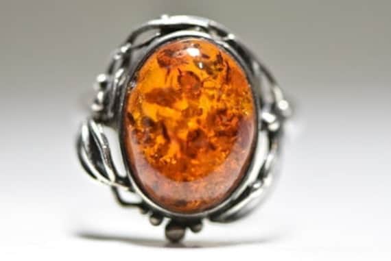 Bernstein Ring Jugendstil Floral Sterling Silber Frauen Mädchen Größe 7.50 von Silvercity925