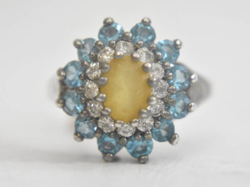 Blumen Ring Cocktail Blau Blütenblätter Und Gelb Sterling Silber Frauen Abschlussball Mädchen Größe 8, 25 von Silvercity925