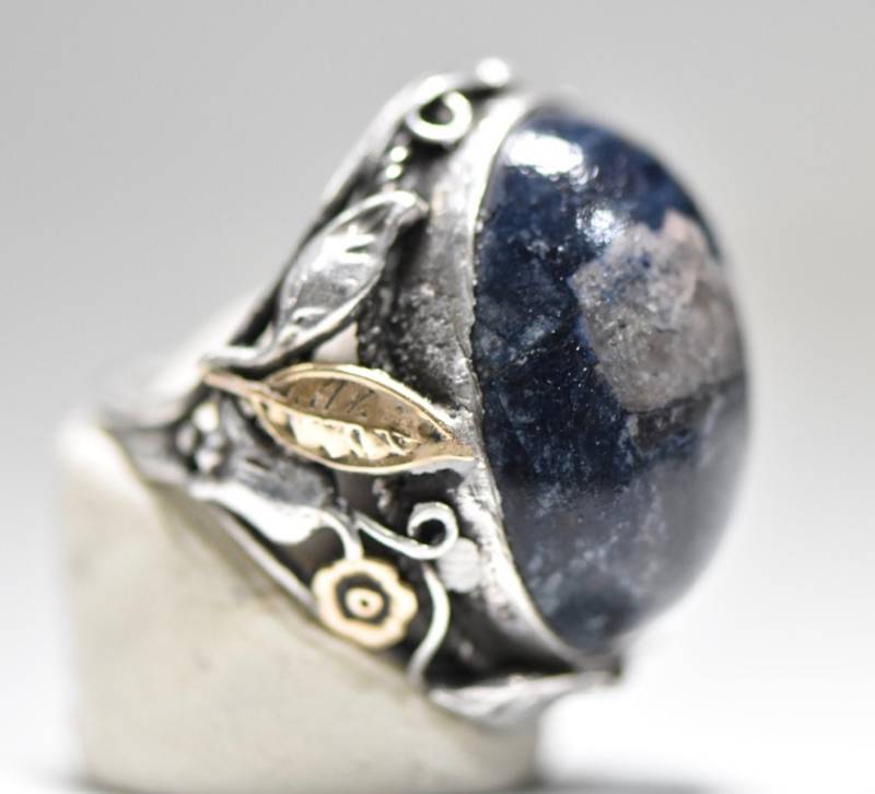 Kuppel Ring Dunkelblau Quarz Cabochon Kunsthandwerk Bewegung Jugendstil Blätter Blumen Frauen Mädchen Größe 6 von Silvercity925