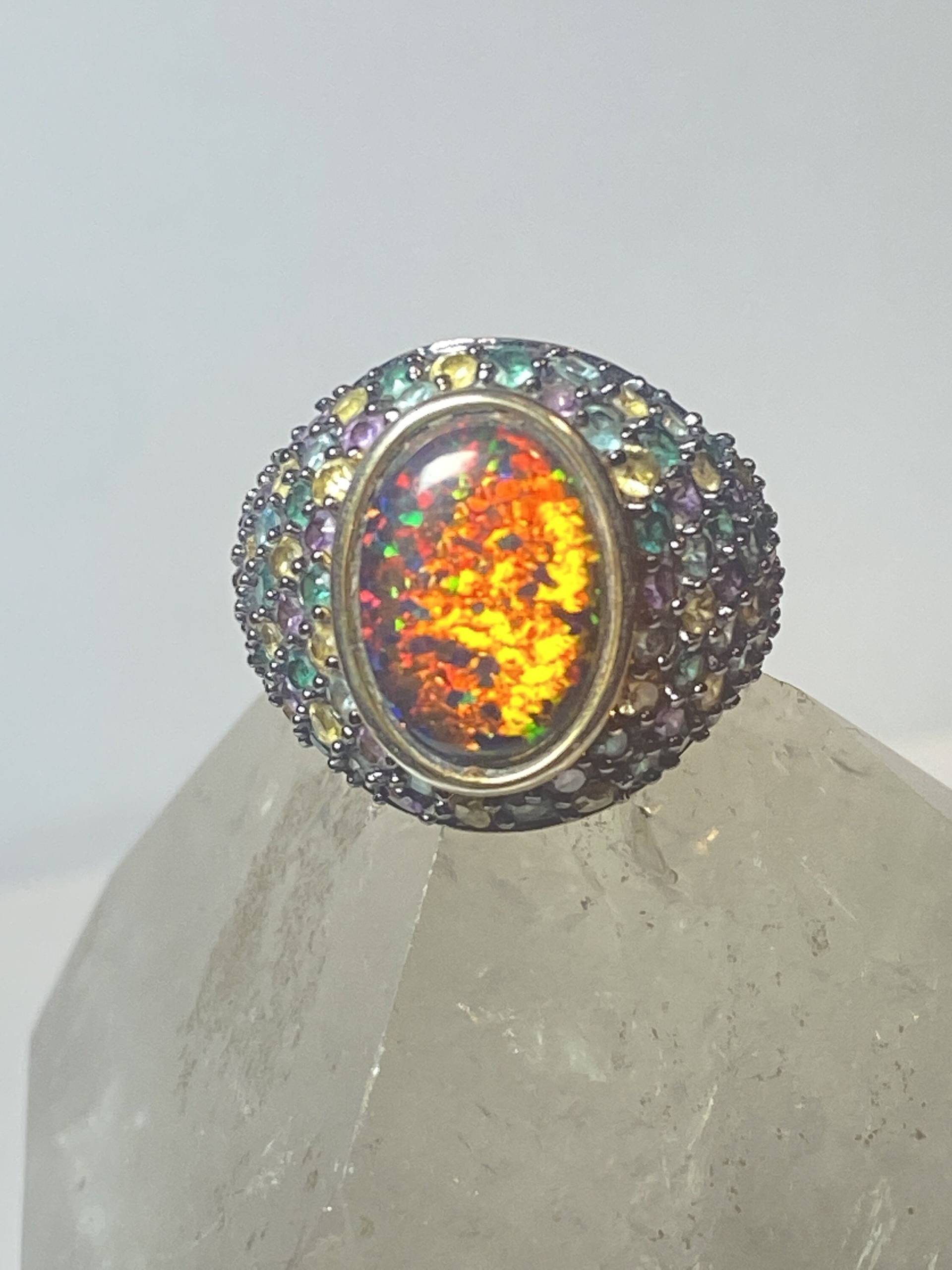 Lab Opal Ring Regenbogen Kristalle Cocktail Sterling Silber Mädchen Frauen Größe 5, 75 von Silvercity925