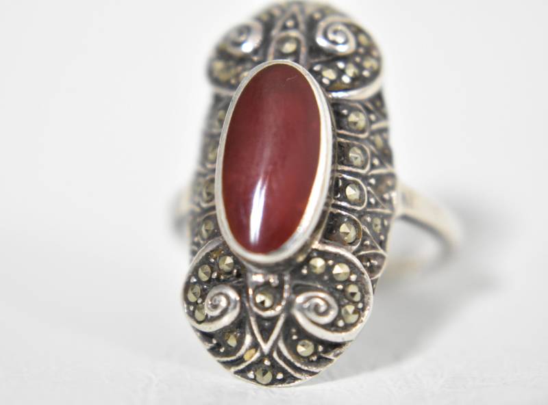 Langer Karneol Ring Markasiten Art Deco Gr. 7 Minus Sterling Silber Vintage Frauen Größe Boho von Silvercity925