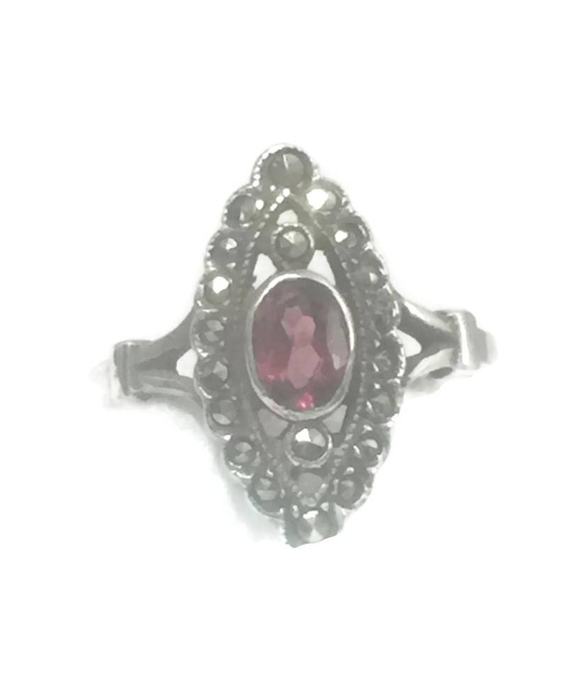 Langer Markasit Ring Lang Frauen Gr. 6 Plus Granat Sterling Silber Art Deco von Silvercity925