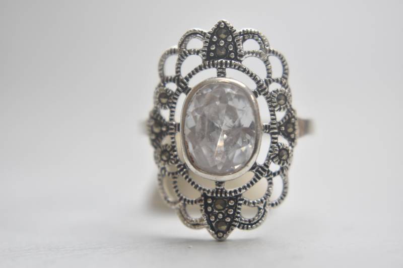 Langer Ring Kristall Klar Markasiten Cocktail Sterling Silber Frauen Größe 7.50 von Silvercity925