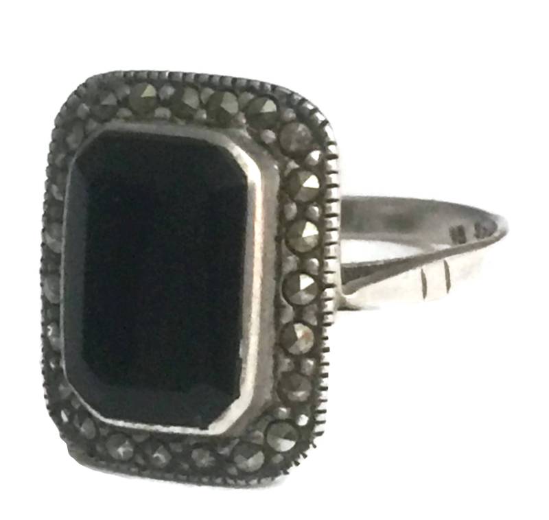 Onyx Art Deco Ring Größe 7 Minus Trauer Markasit Sterling Silber von Silvercity925