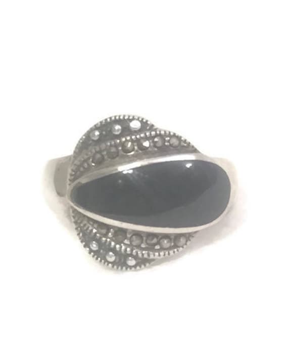 Onyx Markasiten Ring Größe 7 Art Deco Band Sterling Silber Frauen von Silvercity925