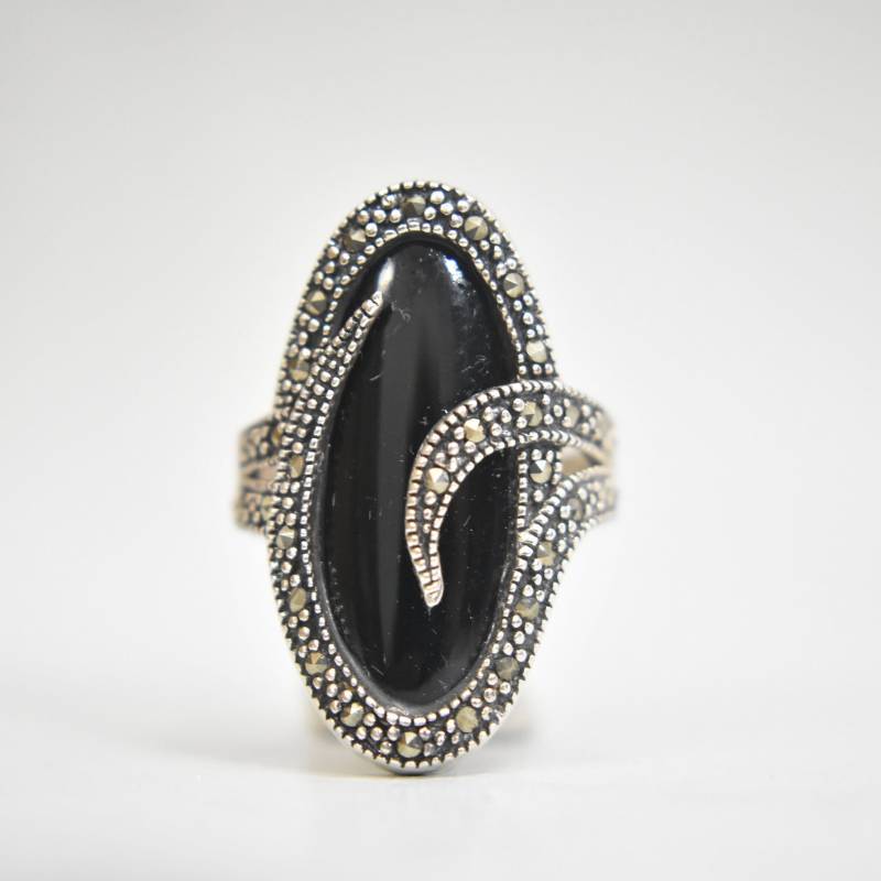 Onyx Ring Art Deco Markasit Boho Frauen Sterling Silber Größe 6, 75 von Silvercity925
