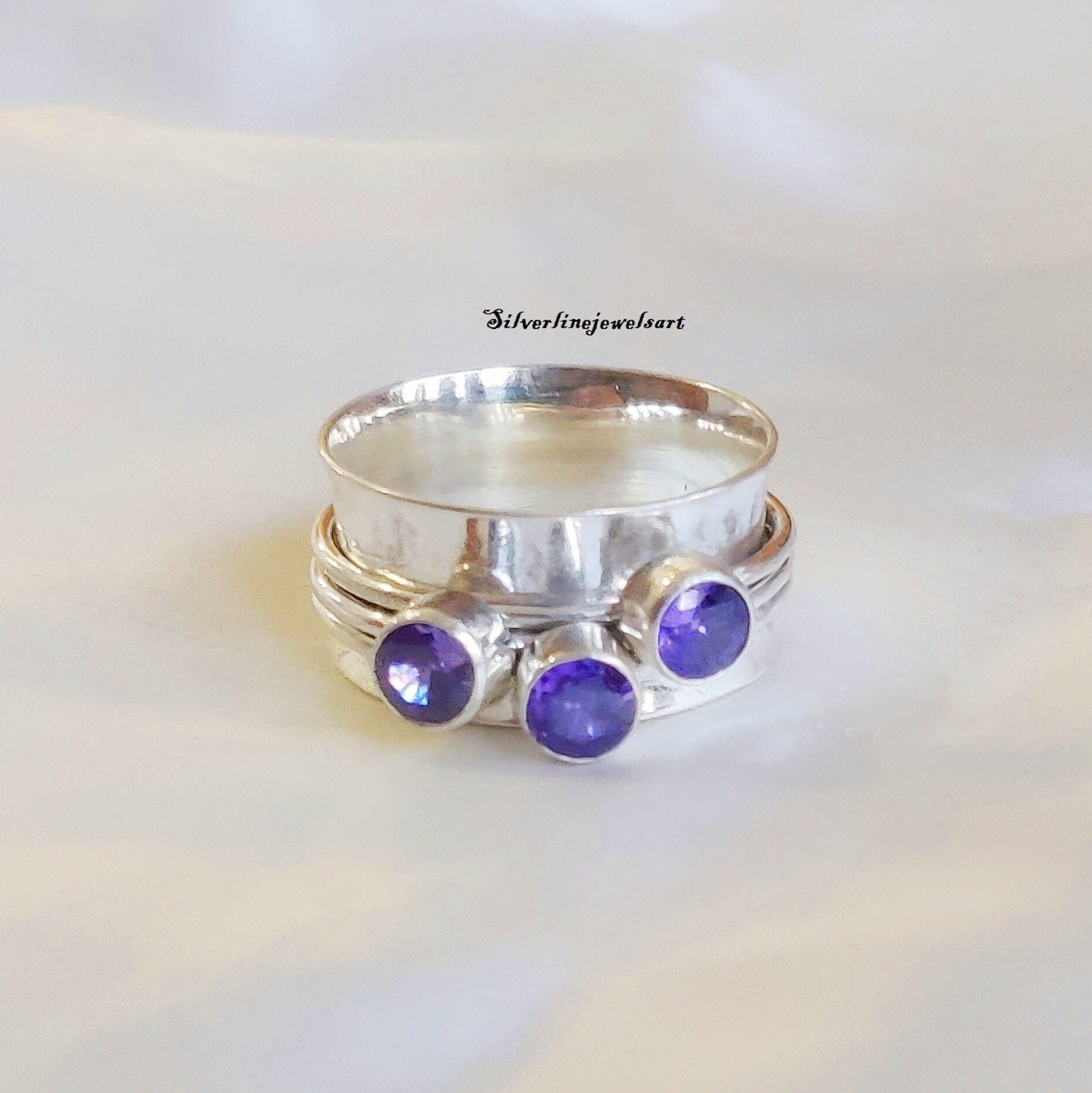 Amethyst Ring, 925 Silber Handgemachter Spinner Frauen Natürlicher Amethyst, Boho Edelstein Geburtstag Geschenk von SilverlinejewelsArt