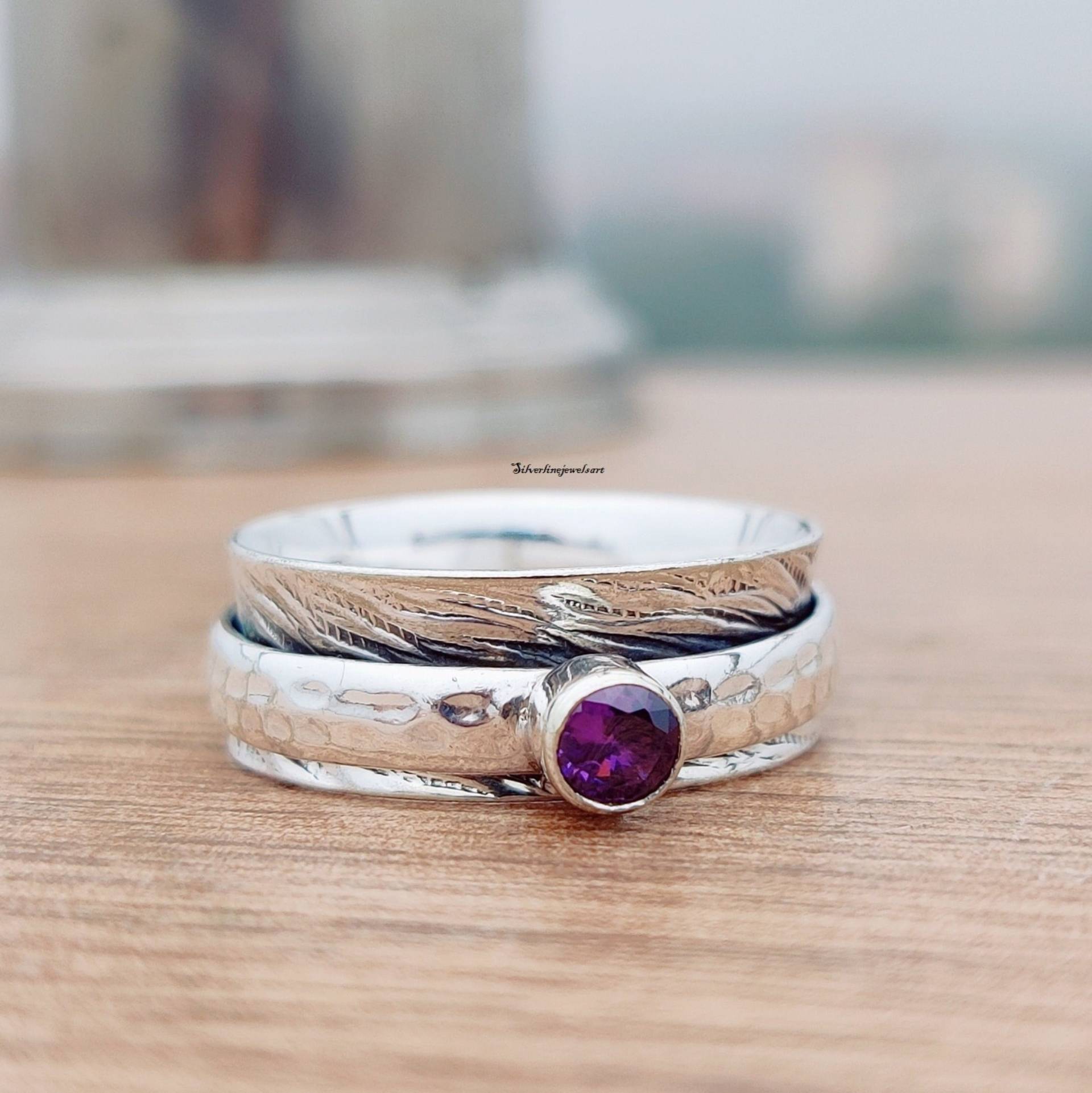 Amethyst Ring, 925 Silber Sorgenring, Frauen Spinner Naturquarz, Boho Edelstein Geburtstagsgeschenk von SilverlinejewelsArt