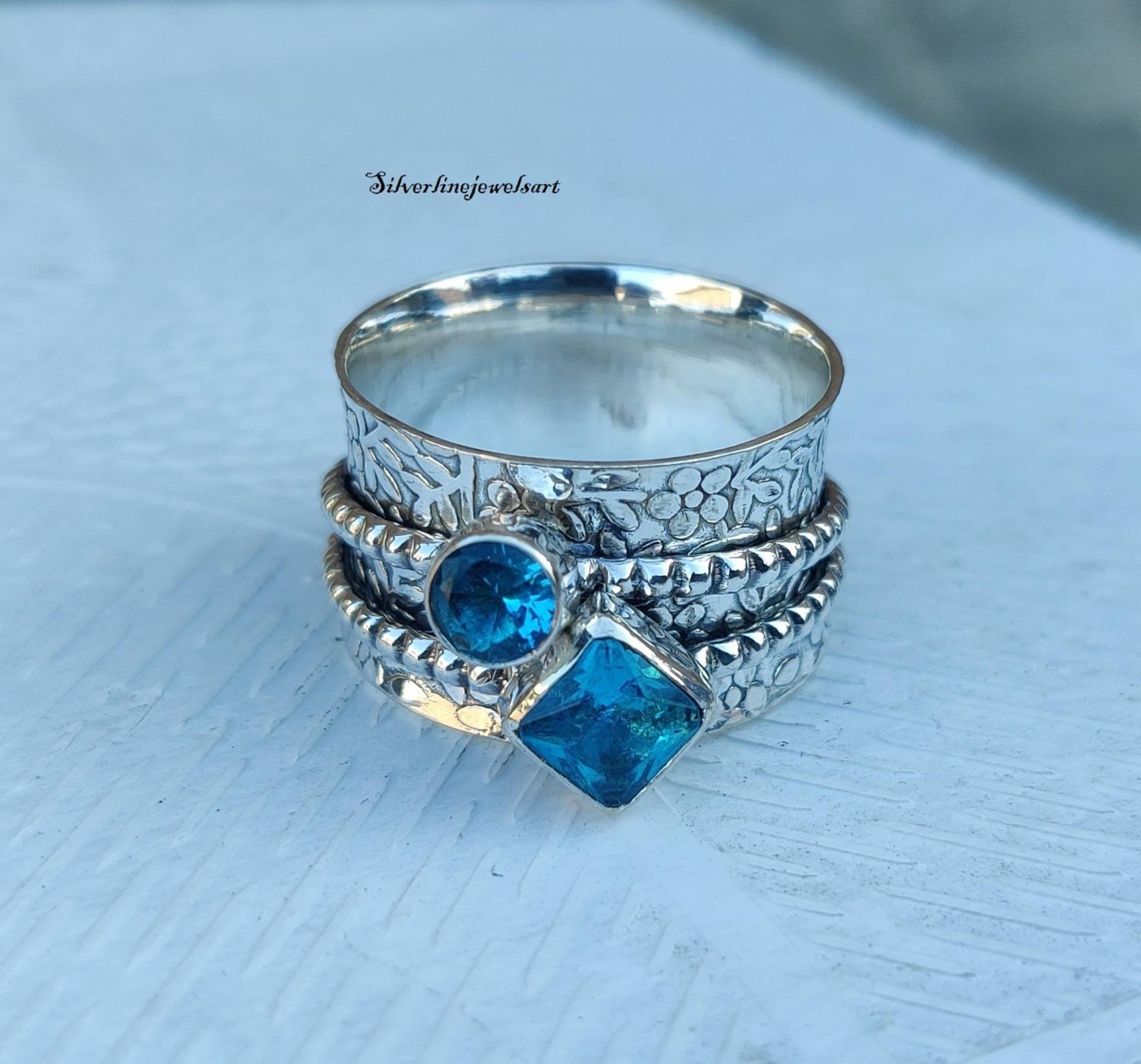 Blauer Topas-Ring, 92, 5 % Sterling-Silber-Ring, Spinner-Ring, Edelstein-Ring, Damen-Ring, Ring Für Den Täglichen Gebrauch von SilverlinejewelsArt