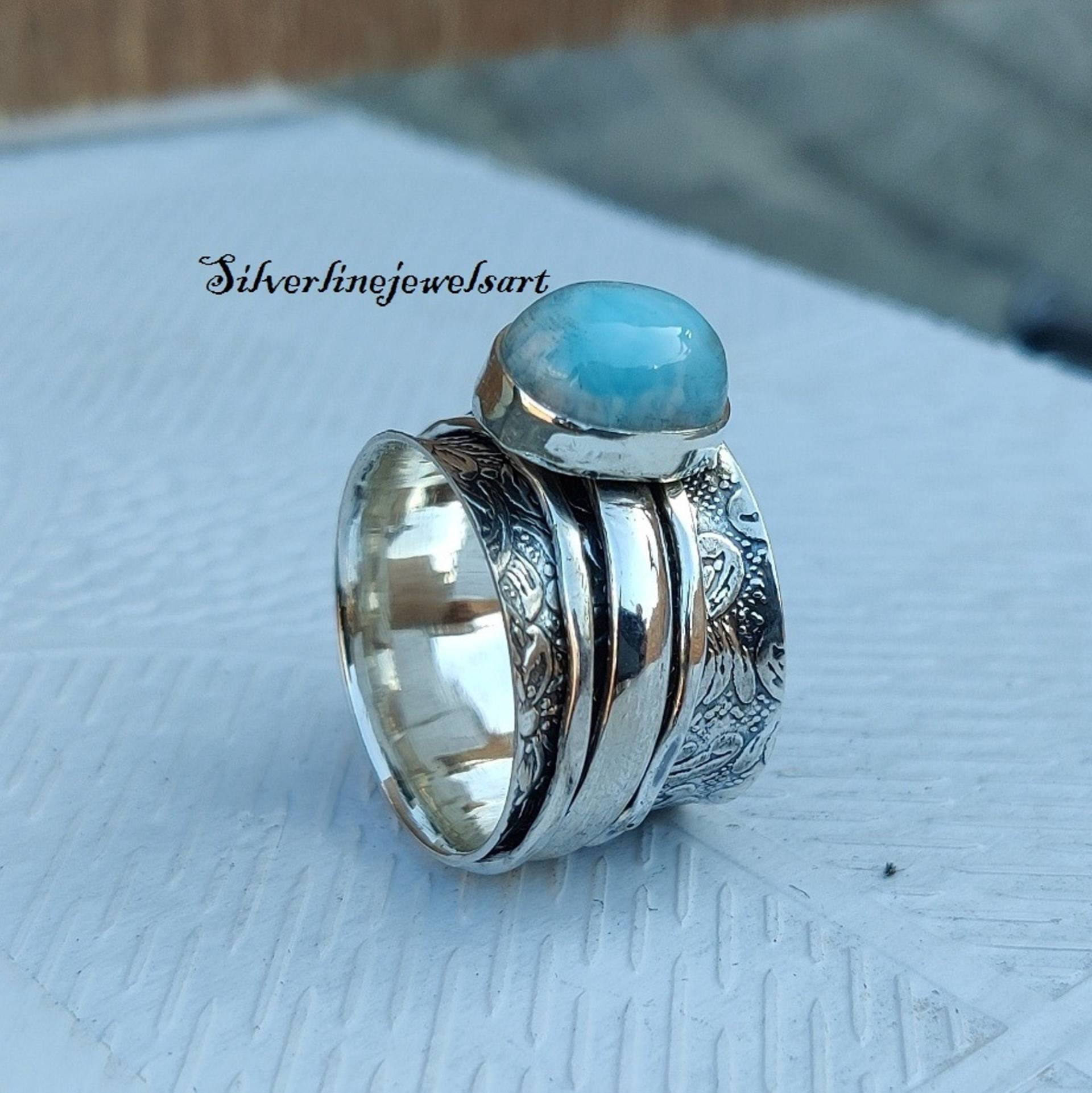 Larimar Ring, Spinner 925 Silber Spinner, Handgemachter Statement Fidget Sorgen Daumen Frauen Geschenk Für Sie von SilverlinejewelsArt