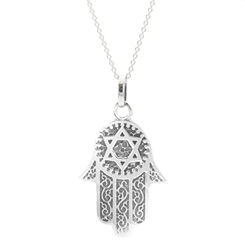 Silverly Frauen .925 Sterling Silber Hamsa Fatima Hand Stern Schutz hängende Kettenhalskette, 46cm von Silverly