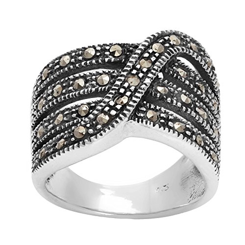 Silverly Frauen 925 Sterling Silber Markasit Simulierte Oxidierte Twist Multi LayeRote Band Ring von Silverly