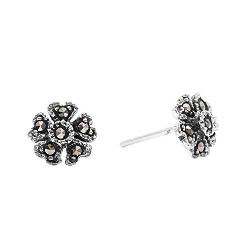 Silverly Frauen 925 Sterling Silber Markasit Simulierte Oxidised Blume geformt Ohrstecker von Silverly
