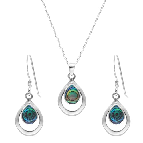 Silverly Frauen 925 Sterling Silber Abalone Muschel Träne Ohrringe Halsketten Satz, 46 cm von Silverly