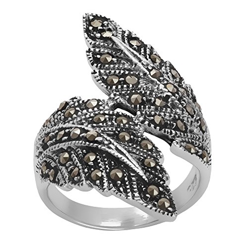 Silverly Frauen 925 Sterling Silber Markasit Simulierte Oxidiertes Ineinander Greifend Feder Ring von Silverly