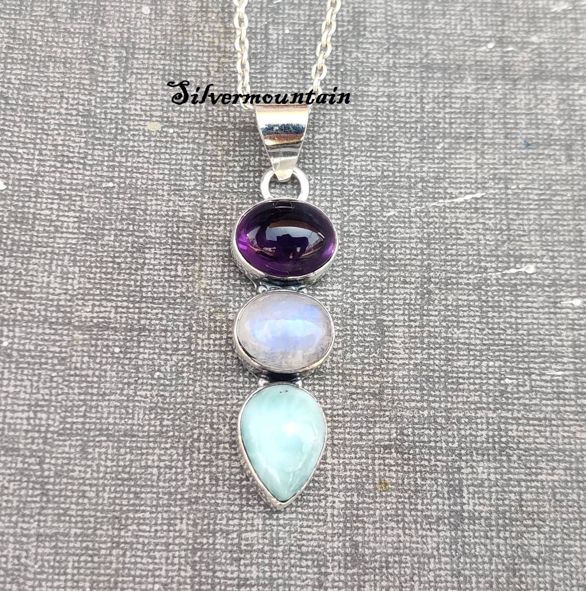 Amethyst Anhänger Rund & Oval Stein Mondstein 925 Sterling Silber Anhängerhandgefertigter Anhänger3 Anhängergeschenkartikelsp62 von Silvermountian