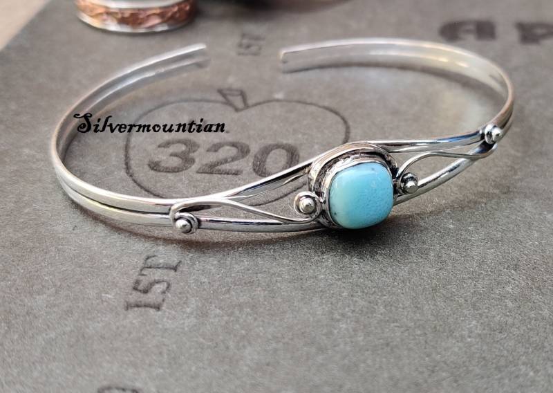 Larimar Armreif ~ Rechteckiger 925 Sterling Schöner Erstaunlicher Designer Handgemachter Silber von Silvermountian