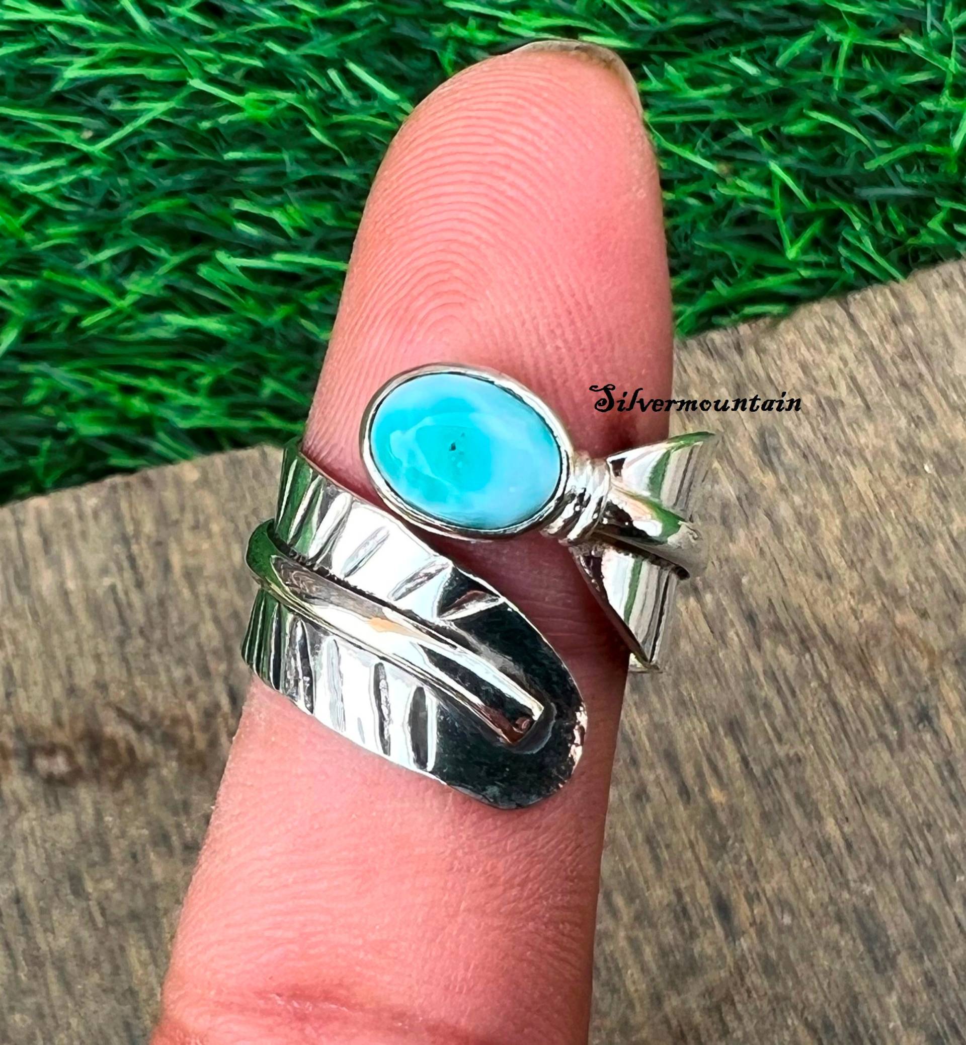 Larimar Edelstein-Ring Ovaler Form Ring 925 Sterling Silber Verstellbarer Schöner Ringdesigner Handgemachter von Silvermountian