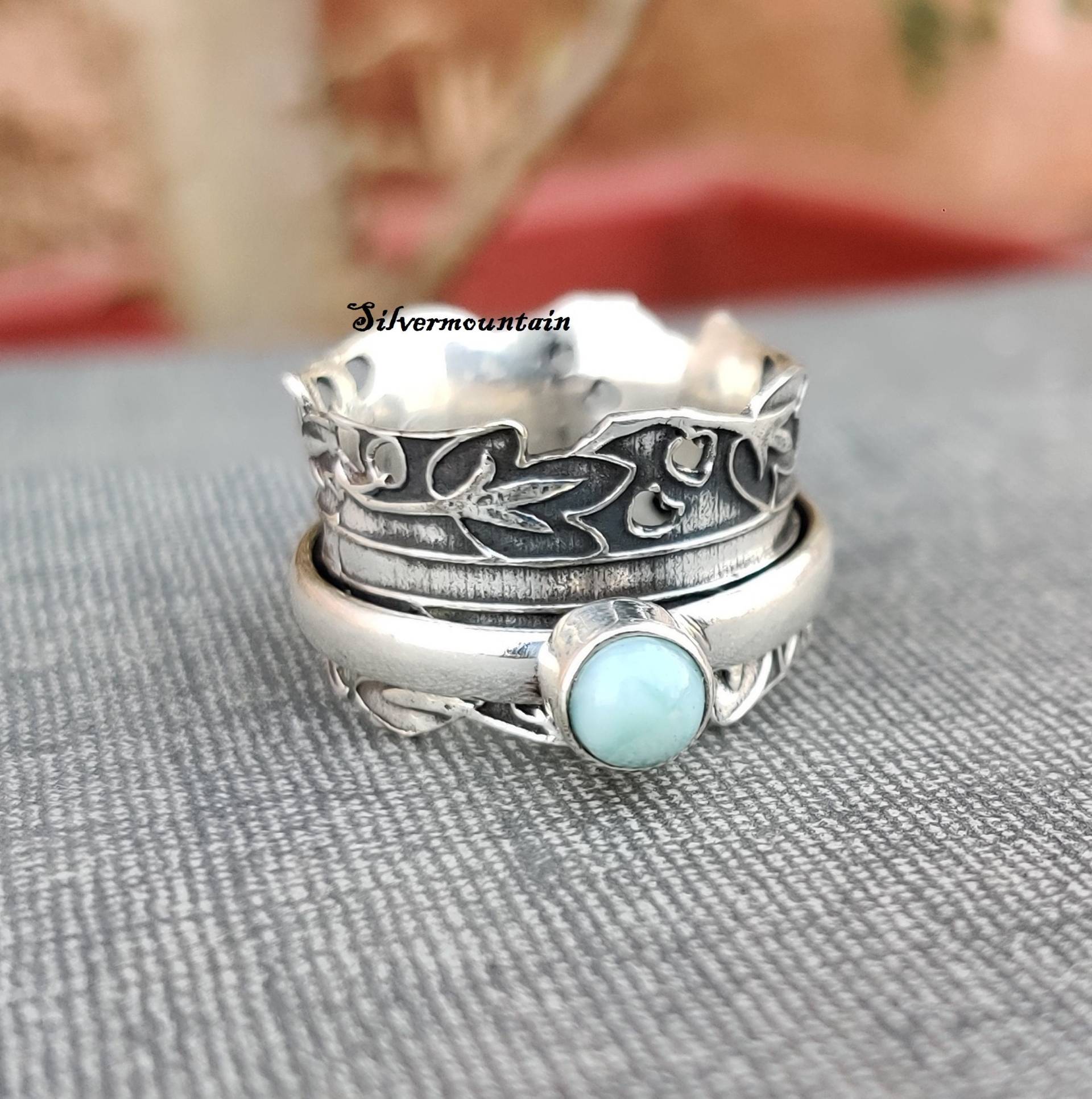 Larimar Ring Bandring Runder 925 Sterling Silber Handgemachter Styling Designer Unglaublich Schöner Ring von Silvermountian