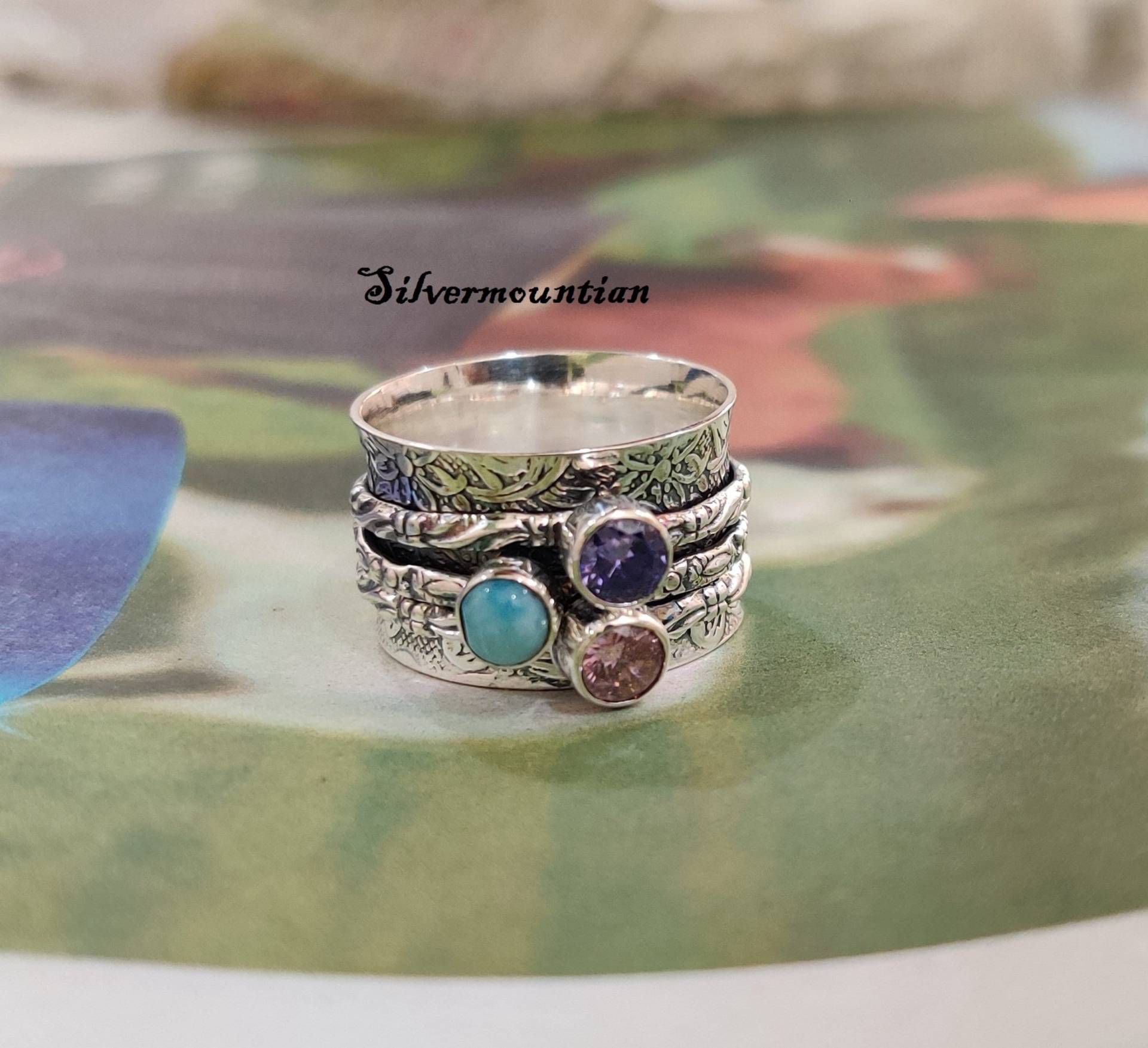 Larimar Spinner Ring, 925 Sterling Silber, Rosenquarz Schöner Ehering, Jahrestag Geschenk, Edelstein Amethyst von Silvermountian