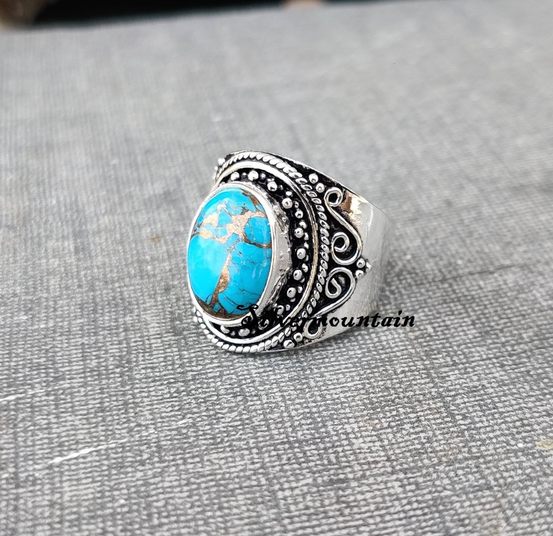 Türkis Ring 925 Sterling Silber Designer Hübscher Handgemachter von Silvermountian