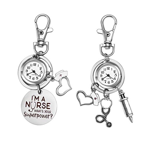 Silverora 2PCS Schlüsselring Uhr mit Pflegewerkzeug Charm für Krankenschwestern Ärzte Taschenuhr mit Schlüsselschnalle Label Fob Watch Clip on Rucksack Watch Sport Easy Carry von Lancardo