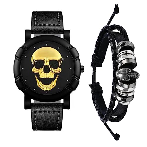 Silverora 2pcs Totenkopf Herrenuhr Lederarmband Set- 2 Stücke Gold Schädel Analog Quarz Uhr Armkette Halloween Set Steampunk Gotic Verstellbar Leder Armbanduhr Armreif Geschenke für Männer Schwarz von Silverora