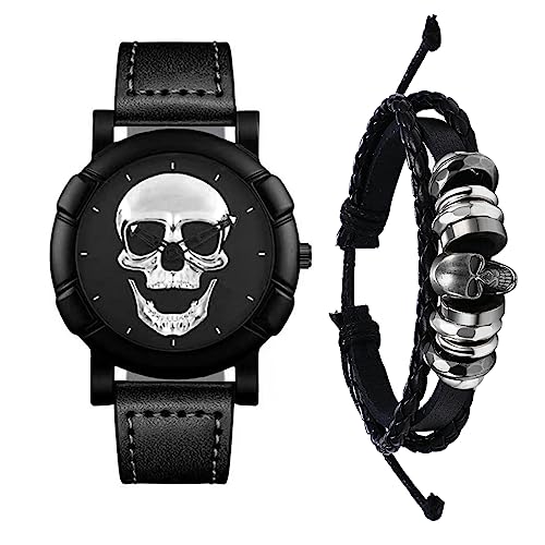 Silverora 2pcs Totenkopf Herrenuhr Lederarmband Set- 2 Stücke Silber Schädel Analog Quarz Uhr Armkette Halloween Set Steampunk Gotic Verstellbar Leder Armbanduhr Armreif Geschenke für Männer Schwarz von Silverora