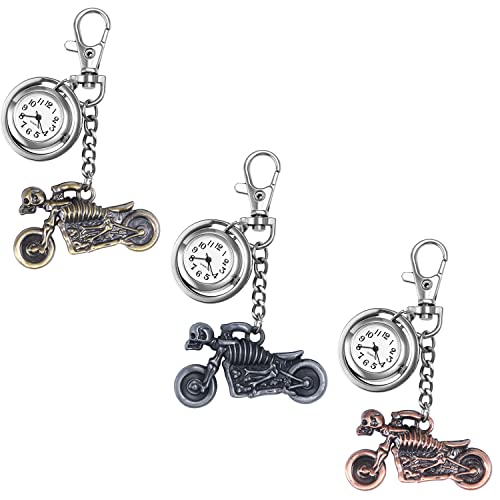 Silverora 3PCS Schlüsselanhänger Uhr mit Totenkopf Schädel Motorrad Charm für Damen Herren Taschenuhr mit Schlüsselschließe Pocket Taschenuhr Ansteckuhr Rucksack Sport Easy Carry von Lancardo