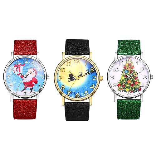 Silverora 3pcs Damenuhren Weihnachtsuhr Regenbogen Armbanduhr Weihnachtsmann, Weihnachtsbaum Schlitten Analog Quarz Uhren Damen Uhr Set mit paillettenbesetztes Lederband Geschenke für Mädchen von Silverora