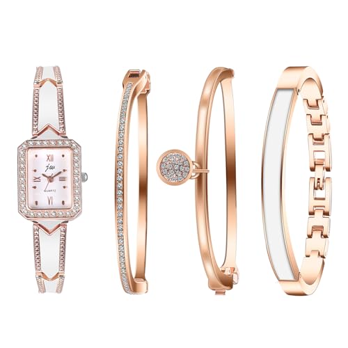 Silverora 4PCS Damenuhren Armkette Quadratische: Strass Zirkon Analog Quarz Uhren Damen Armbanduhren mit römischen Ziffern Armreif Geschenke für Frauen Mädchen Roségold von Silverora