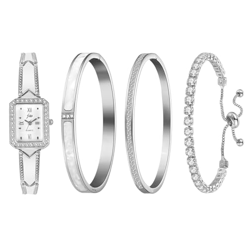 Silverora 4PCS Damenuhren Armkette Quadratische: Strass Zirkon Analog Quarz Uhren Damen Armbanduhren mit römischen Ziffern Armreif Geschenke für Frauen Mädchen Silber von Silverora