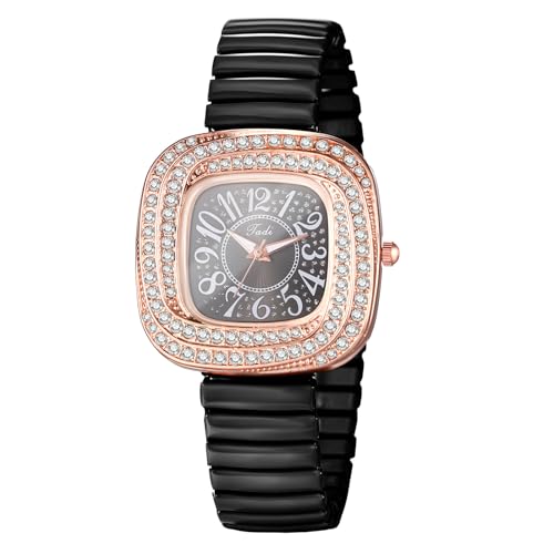 Silverora Armbanduhren Damen Eckige Elastische: Diamant Quadratische Wirbel Analog Quarz Damenuhren Exquisite Glitzend Strass Uhren mit Edelstahl Stretchband Geschenke für Frauen schwarz von Silverora