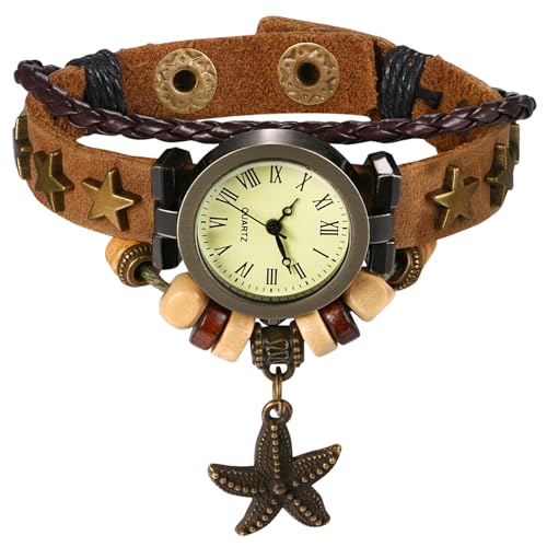 Silverora Armbanduhren Retro Leder Damenuhren: Vintage Mehrschichtige Geflochtene Analoge Quarz Uhren Damen PU Perlenarmband Uhr mit Fünfeckiger Seestern Geschenke für Frauen braun von Silverora