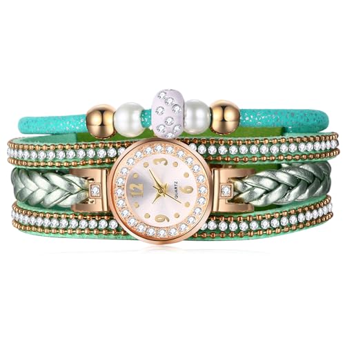 Silverora Damen-Armbanduhr, Lederarmband, geflochten, Quarz, Retro, Bohemian, mit Schnalle, grün von Silverora