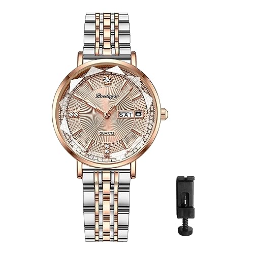 Silverora Damen Uhr Edelstahl Kalender Damenuhren Analoges Quarz Datum Uhren Diamant 3ATM Wasserdicht Armbanduhr mit leuchtenden Punktskalen Zeigern Geschenke für Frauen Mädchen Rosagold von Silverora