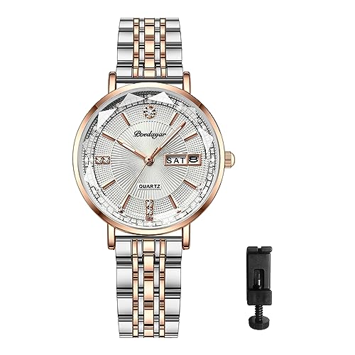 Silverora Damen Uhr Edelstahl Kalender Damenuhren Analoges Quarz Datum Uhren Diamant 3ATM Wasserdicht Armbanduhr mit leuchtenden Punktskalen Zeigern Geschenke für Frauen Mädchen Silber von Silverora