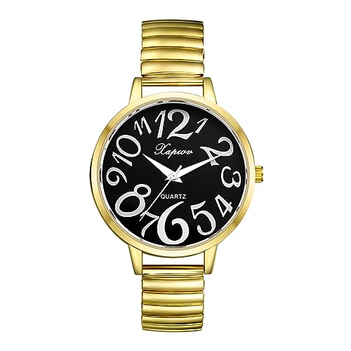 Silverora Damenuhr Elastisch Uhr Damen- Groß Schwarz Zifferblatt Analoge Quarz Uhren mit Elastische Armband Klare Leicht lesbare Armbanduhr mit Arabische Zahlenskala Geschenke für Frauen Ältere Gold von Silverora