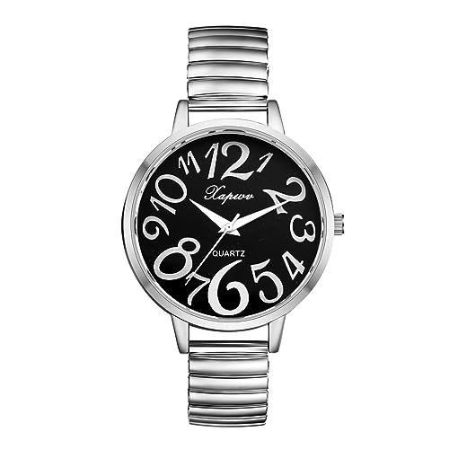 Silverora Damenuhr Elastisch Uhr Damen- Groß Schwarz Zifferblatt Analoge Quarz Uhren mit Elastische Band Klare Leicht lesbare Armbanduhr mit Arabische Zahlenskala Geschenke für Frauen Ältere Silber von Silverora