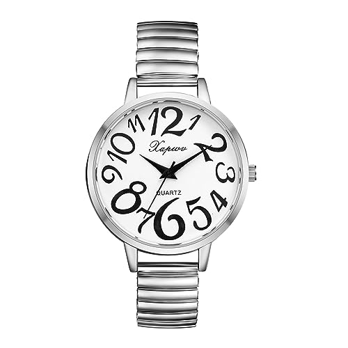 Silverora Damenuhr Elastisch Uhr Damen- Großes Weißes Zifferblatt Analoge Quarz Uhren mit Elastische Band Klare Leicht lesbare Armbanduhr mit Arabische Zahlenskala Geschenke für Frauen Ältere Silber von Silverora