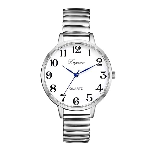 Silverora Damenuhr Elastisch Uhr Damen- Großes Zifferblatt Analoge Quarz Uhren mit Elastische Armband Klare Leicht lesbare Armbanduhr mit Arabische Zahlenskala Geschenke für Frauen Ältere Silber von Silverora