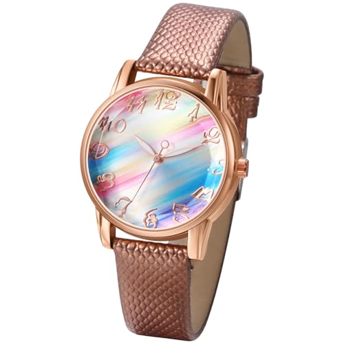 Silverora Damenuhren Bohemian Uhren Damen: Regenbogen Zifferblatt Analoge Quarzwerk Armbanduhren Meerjungfrauenfarben Uhr mit Glänzendes PU Lederarmband Geschenke für Frauen braun von Silverora