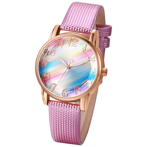 Silverora Damenuhren Bohemian Uhren Damen: Regenbogen Zifferblatt Analoge Quarzwerk Armbanduhren Meerjungfrauenfarben Uhr mit Glänzendes PU Lederarmband Geschenke für Frauen lila von Silverora
