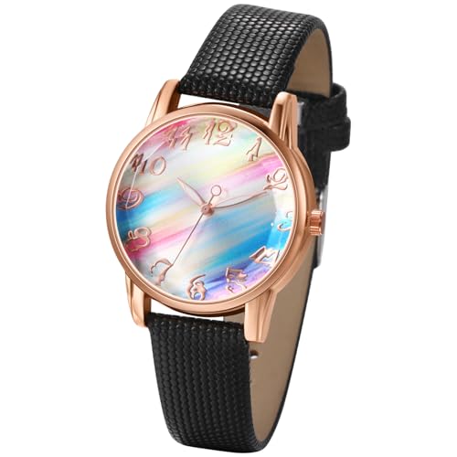 Silverora Damenuhren Bohemian Uhren Damen: Regenbogen Zifferblatt Analoge Quarzwerk Armbanduhren Meerjungfrauenfarben Uhr mit Glänzendes PU Lederarmband Geschenke für Frauen schwarz von Silverora