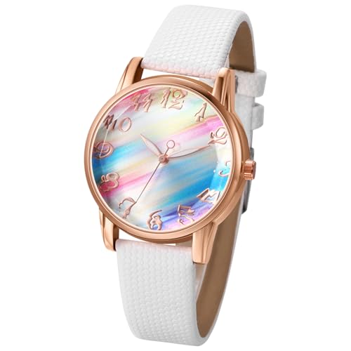 Silverora Damenuhren Bohemian Uhren Damen: Regenbogen Zifferblatt Analoge Quarzwerk Armbanduhren Meerjungfrauenfarben Uhr mit Glänzendes PU Lederarmband Geschenke für Frauen weiß von Silverora