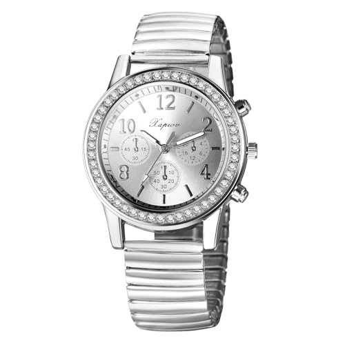 Silverora Damenuhren Elastische Diamant Armbanduhren: Leicht Ablesbare Analog Quarz Uhren Damen mit Leuchtende Zeiger Sonnenmuster DREI Augen Dekoration Uhr mit Edelstahl Stretchband Silber von Silverora