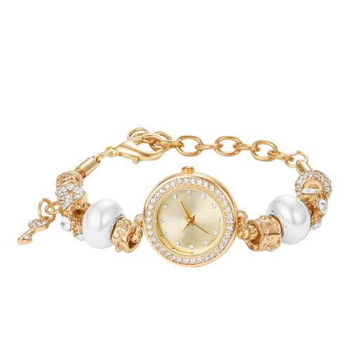Silverora Damenuhren Golduhr Perlen Armkette: Glitz Zirkon Klein Analoge Quarz Uhren Damen Armbanduhren mit Schlüsselanhänger Geschenke für Frauen Freundin Mutter von Silverora