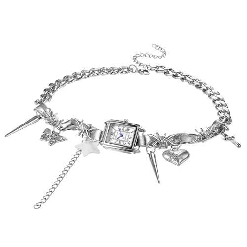 Silverora Damenuhren Gothic Chocker Anhängeruhr: Punk Eckige Analog Quarz Uhren Damen mit Leder Edelstahl Halskette Uhren mit fünfzackiger Stern Schmetterling Niete Kreuz Herz Geschenke für Frauen von Silverora
