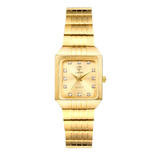 Silverora Damenuhren Paaruhren Edelstahl Quadratische: 3ATM Wasserdicht Analoge Quarz Uhr mit Strass Zirkon Skala Verstellbar Edelstahlarmband Uhr Ultradünne Quadratuhr Geschenke für Frauen Gold von Silverora